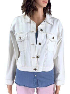 Mi Ami White Denim Jacket Contrast Stitch Button Front Trucker Size M